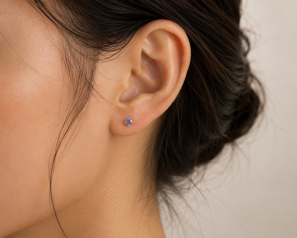 Natural tanzanite stud earrings, gold vermeil / platinum plated 925 sterling silver, 3mm