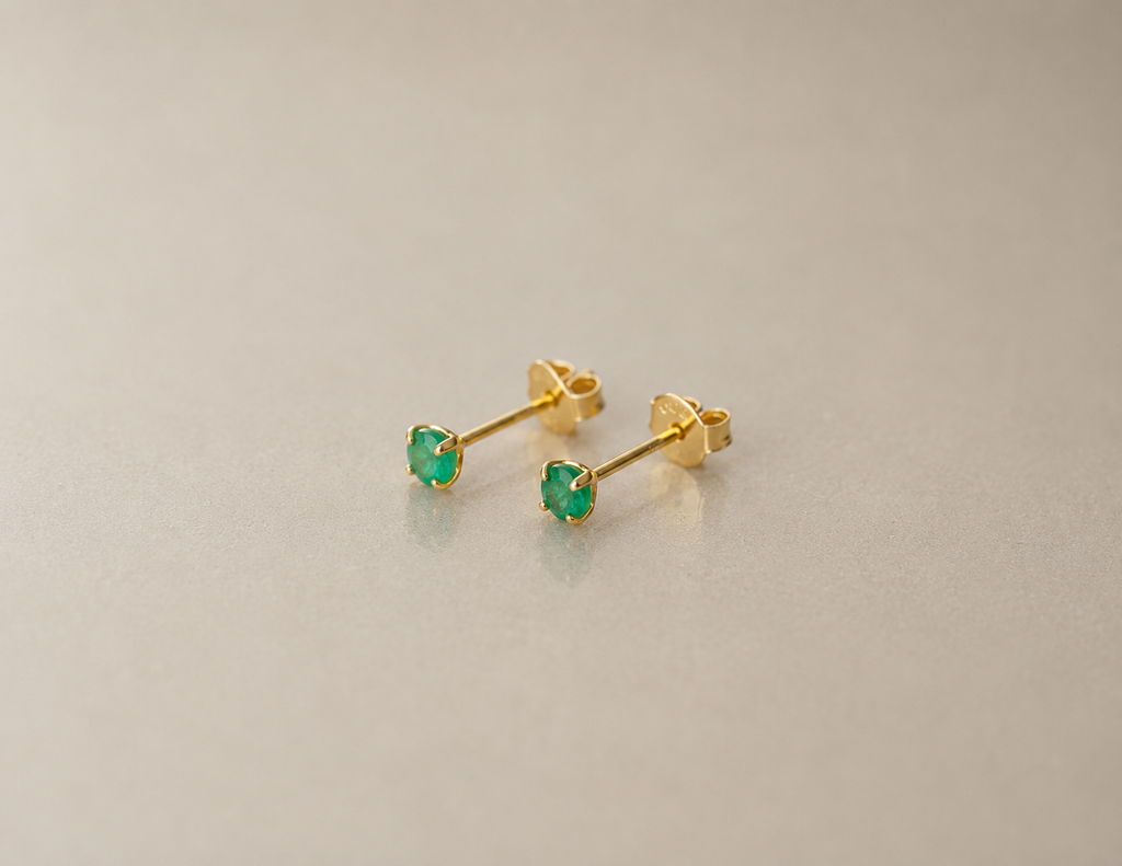 Zambian emerald and gold vermeil stud earrings, 3mm