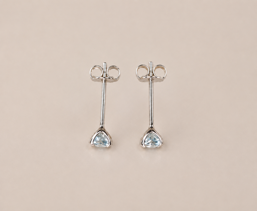 Natural Aquamarine and Platinum Plated 925 Sterling Silver Natural Aquamarine Studs,  4mm