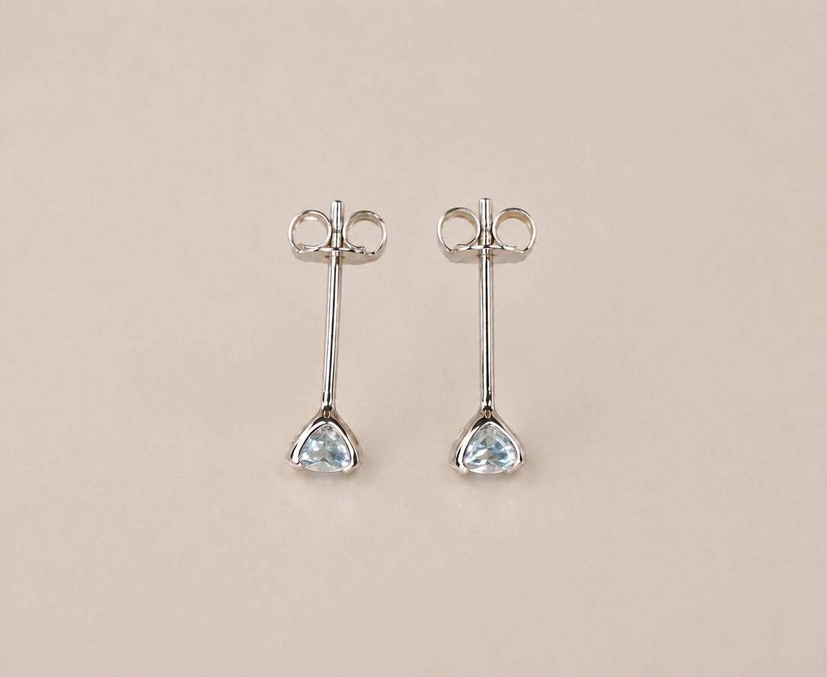 Natural Aquamarine and Platinum Plated 925 Sterling Silver Natural Aquamarine Studs,  4mm