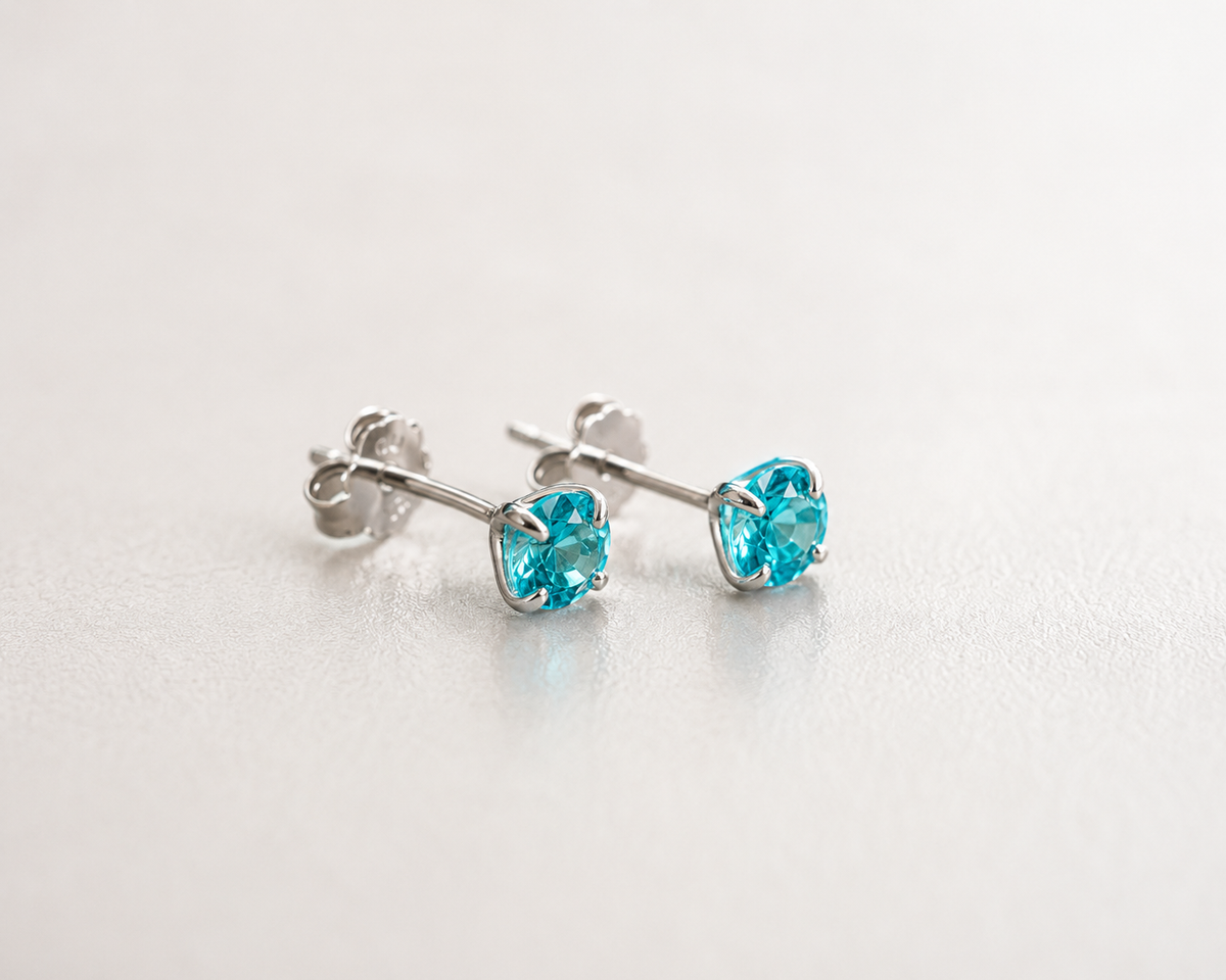 Paraiba blue apatite and platinum plated 925 sterling silver stud earrings, 4mm