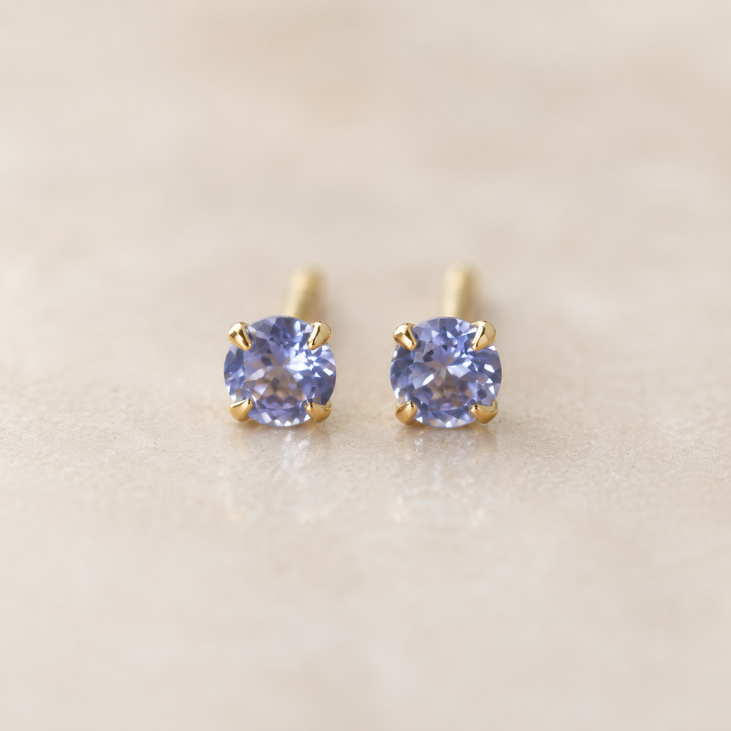 Natural tanzanite stud earrings, gold vermeil / platinum plated 925 sterling silver, 3mm