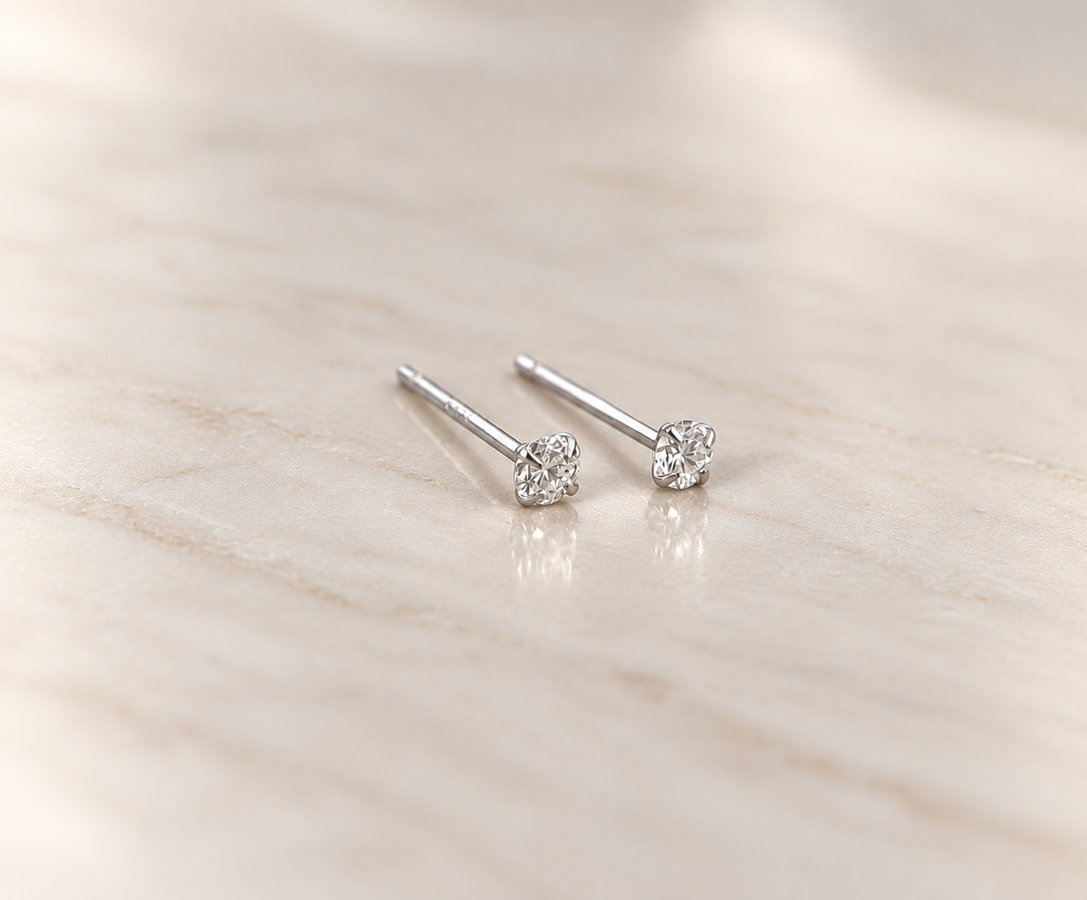 Lab created diamond earrings, platinum plated 925 sterling silver, 3mm