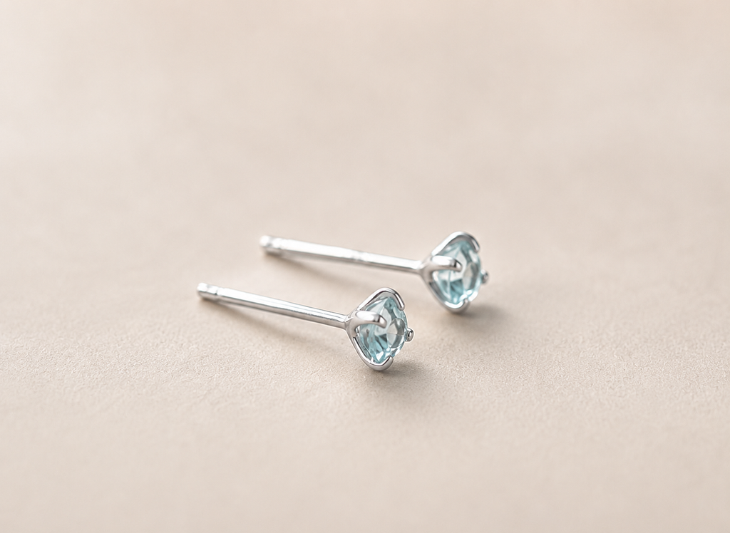 Natural Aquamarine and Platinum Plated 925 Sterling Silver Natural Aquamarine Studs,  4mm