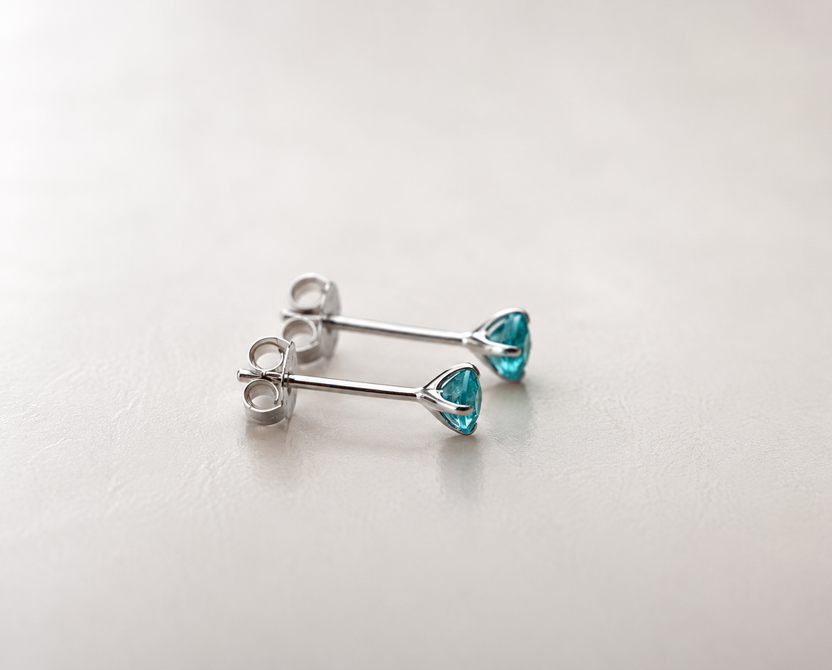 Paraiba blue apatite and platinum plated 925 sterling silver stud earrings, 4mm