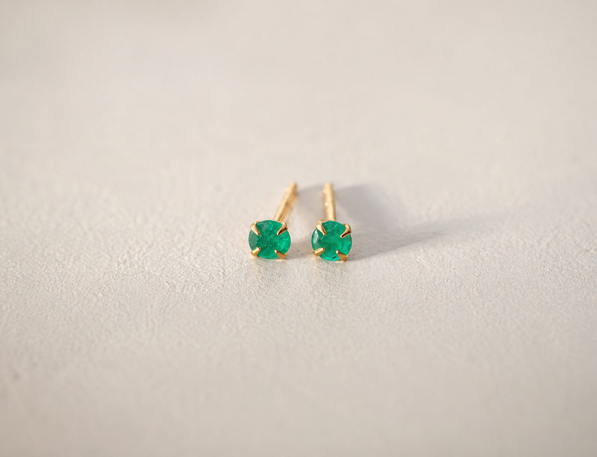Zambian emerald and gold vermeil stud earrings, 3mm