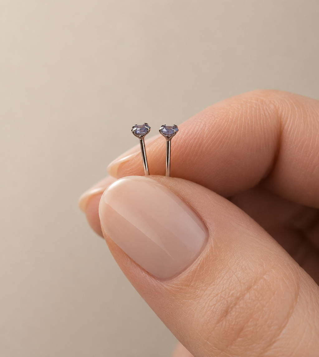 Natural tanzanite stud earrings, gold vermeil / platinum plated 925 sterling silver, 3mm