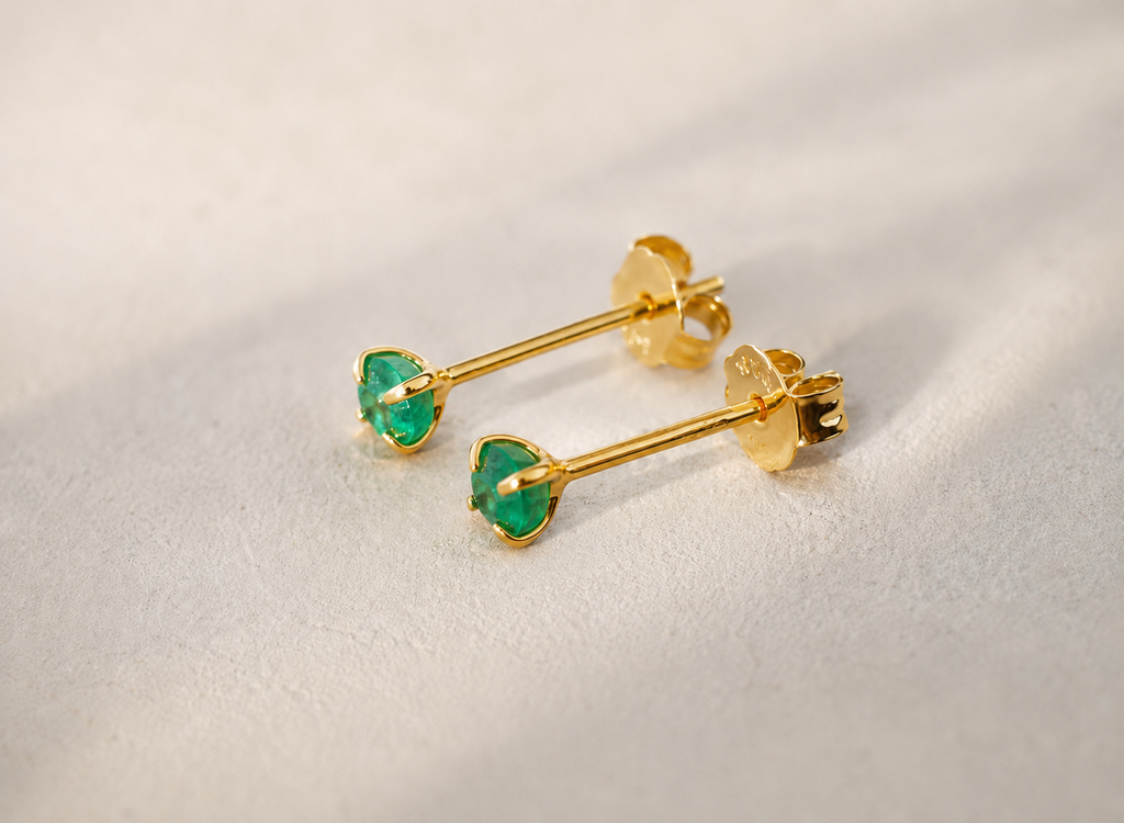 Zambian emerald and gold vermeil stud earrings, 3mm