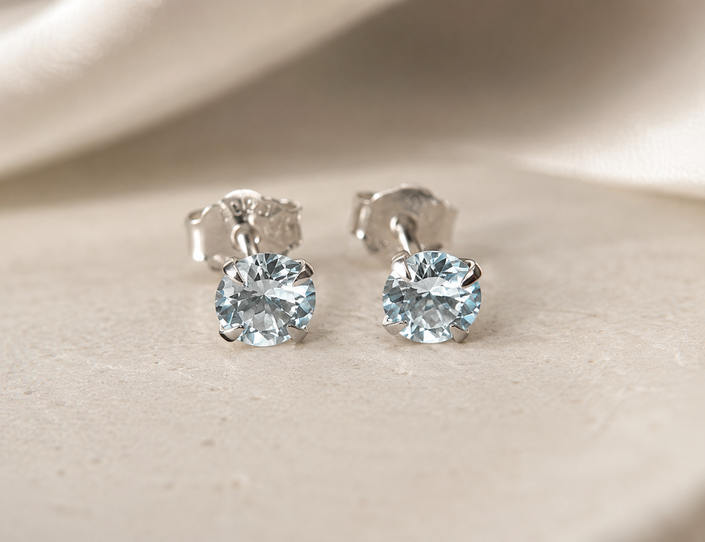 Natural Aquamarine and Platinum Plated 925 Sterling Silver Natural Aquamarine Studs,  4mm