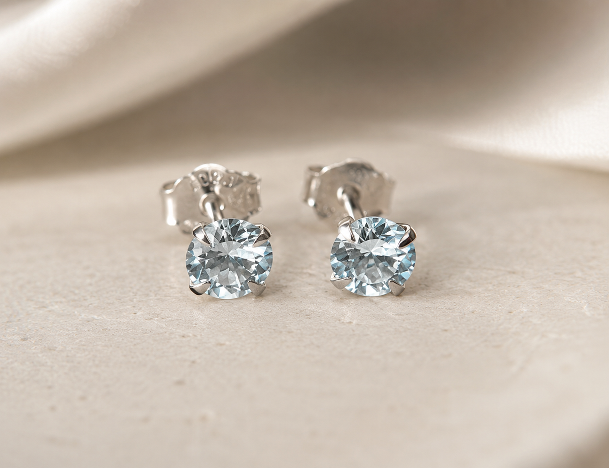 Natural Aquamarine and Platinum Plated 925 Sterling Silver Natural Aquamarine Studs,  4mm