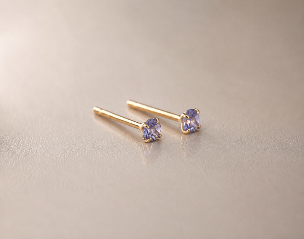 Natural tanzanite stud earrings, gold vermeil / platinum plated 925 sterling silver, 3mm