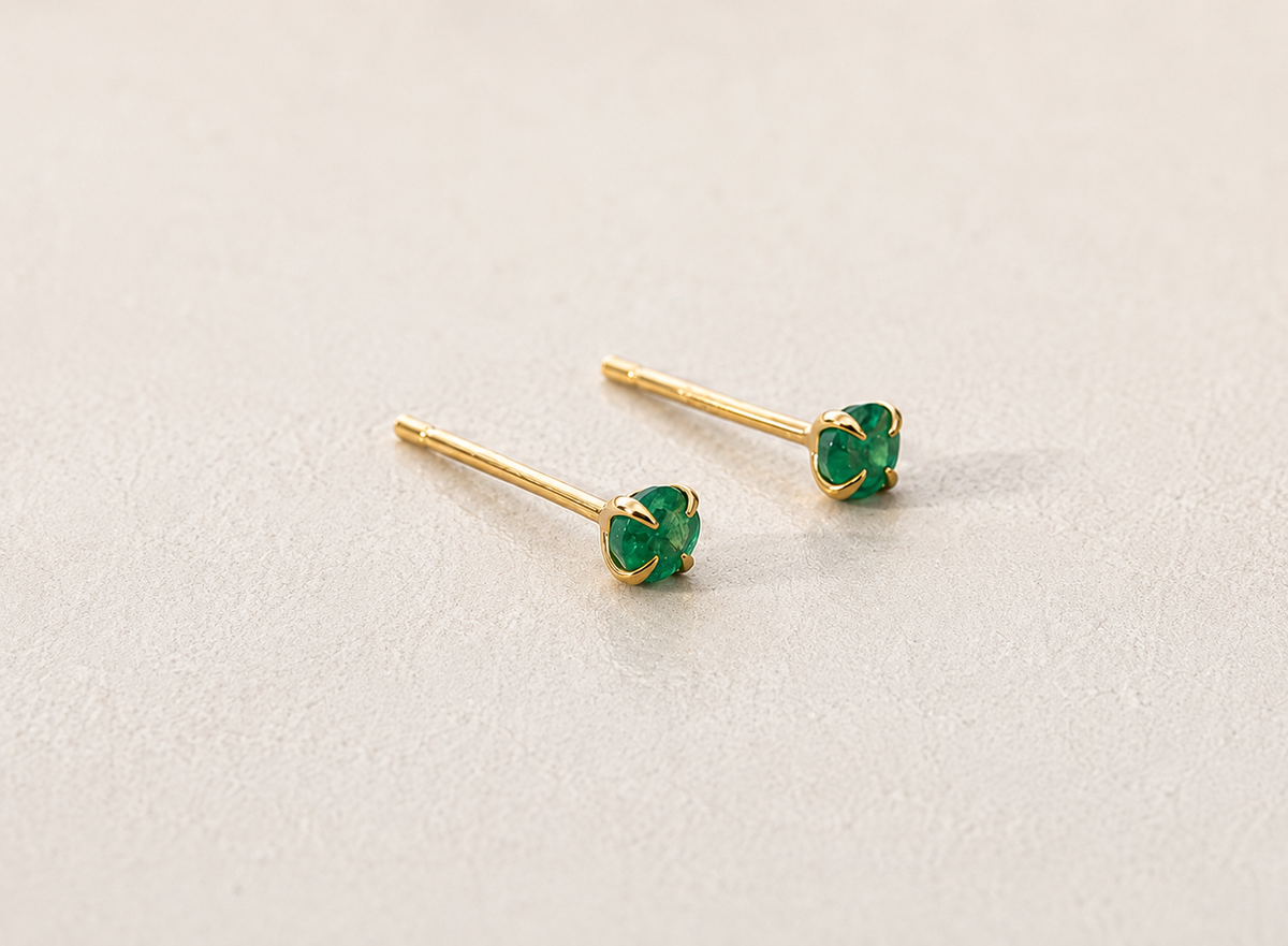Zambian emerald and gold vermeil stud earrings, 3mm