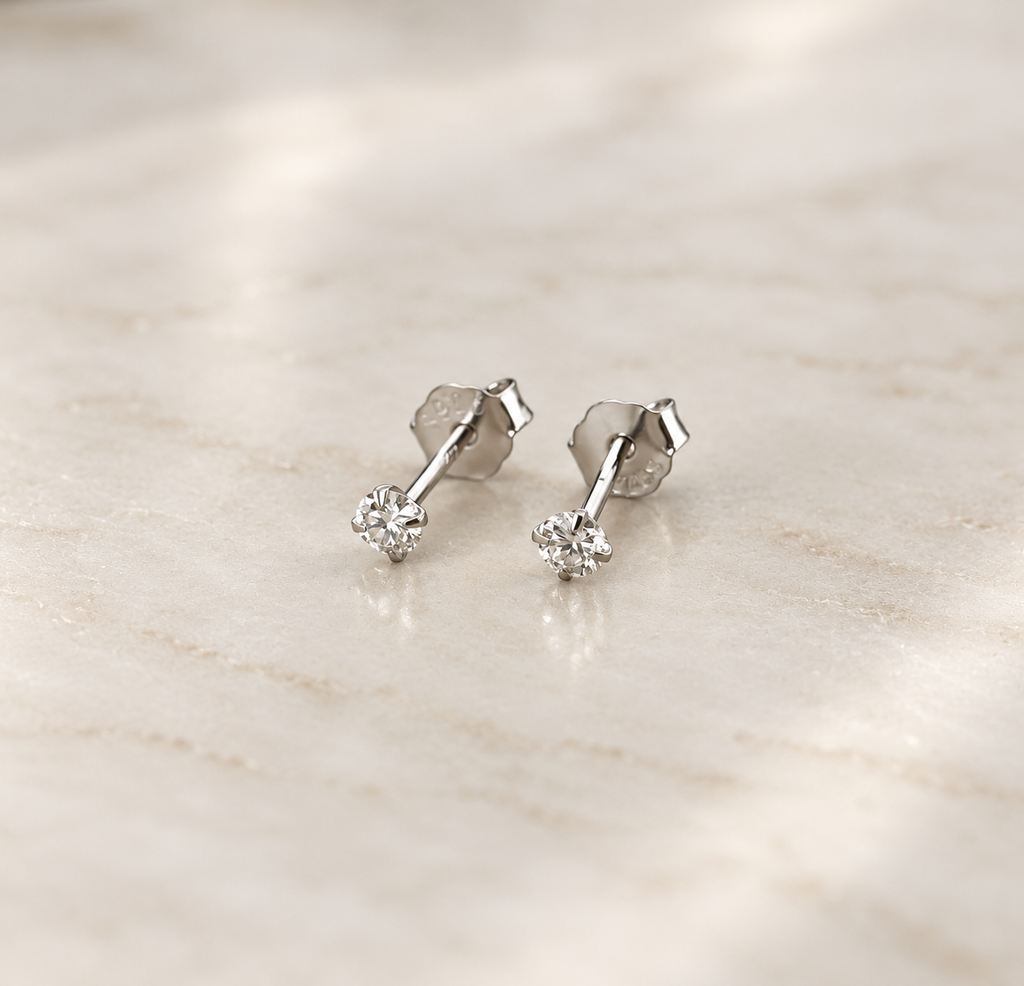 Lab created diamond earrings, platinum plated 925 sterling silver, 3mm