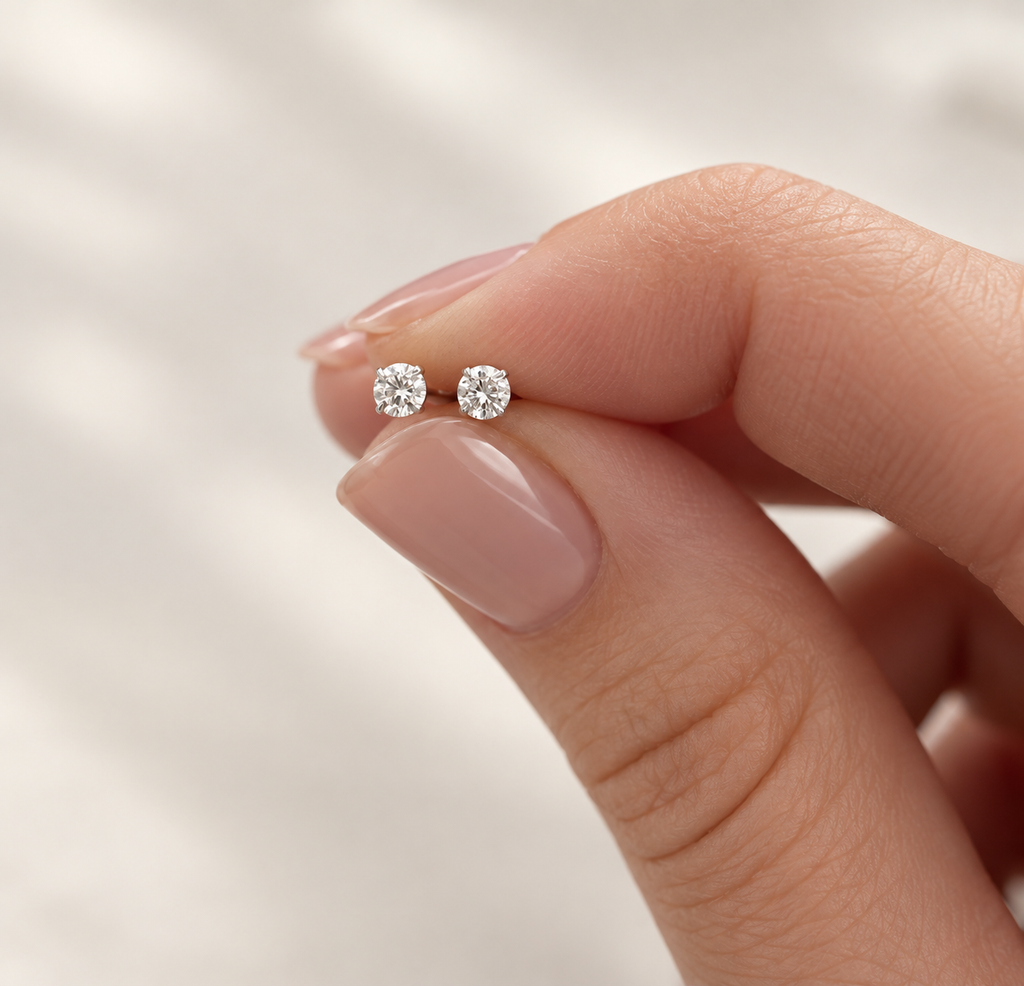 Lab created diamond earrings, platinum plated 925 sterling silver, 3mm