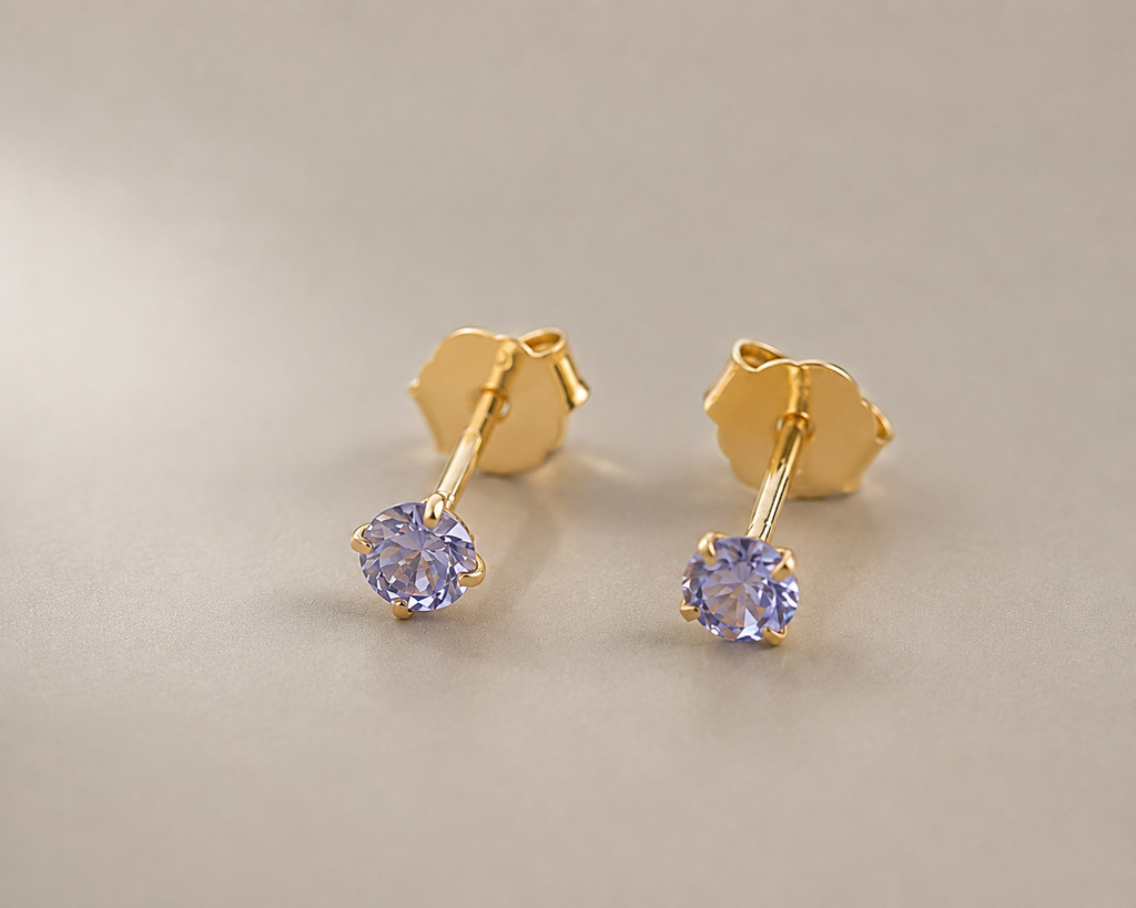 Natural tanzanite stud earrings, gold vermeil / platinum plated 925 sterling silver, 3mm