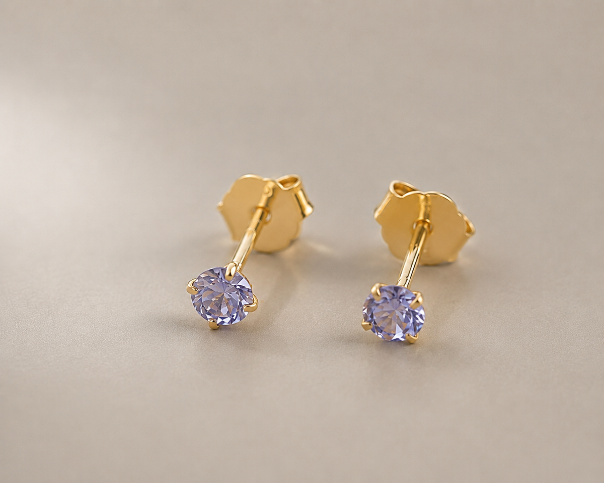 Natural tanzanite stud earrings, gold vermeil / platinum plated 925 sterling silver, 3mm