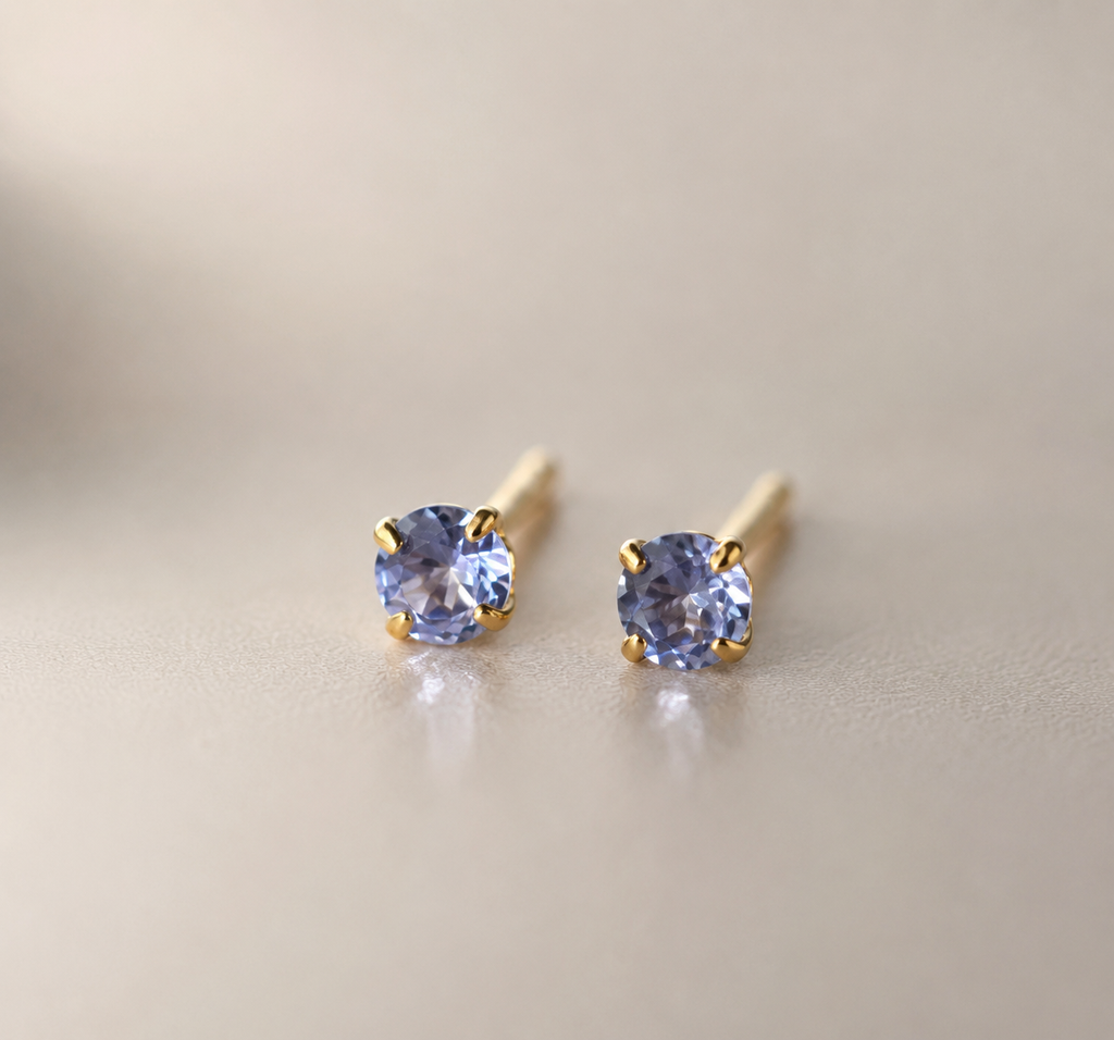 Natural tanzanite stud earrings, gold vermeil / platinum plated 925 sterling silver, 3mm
