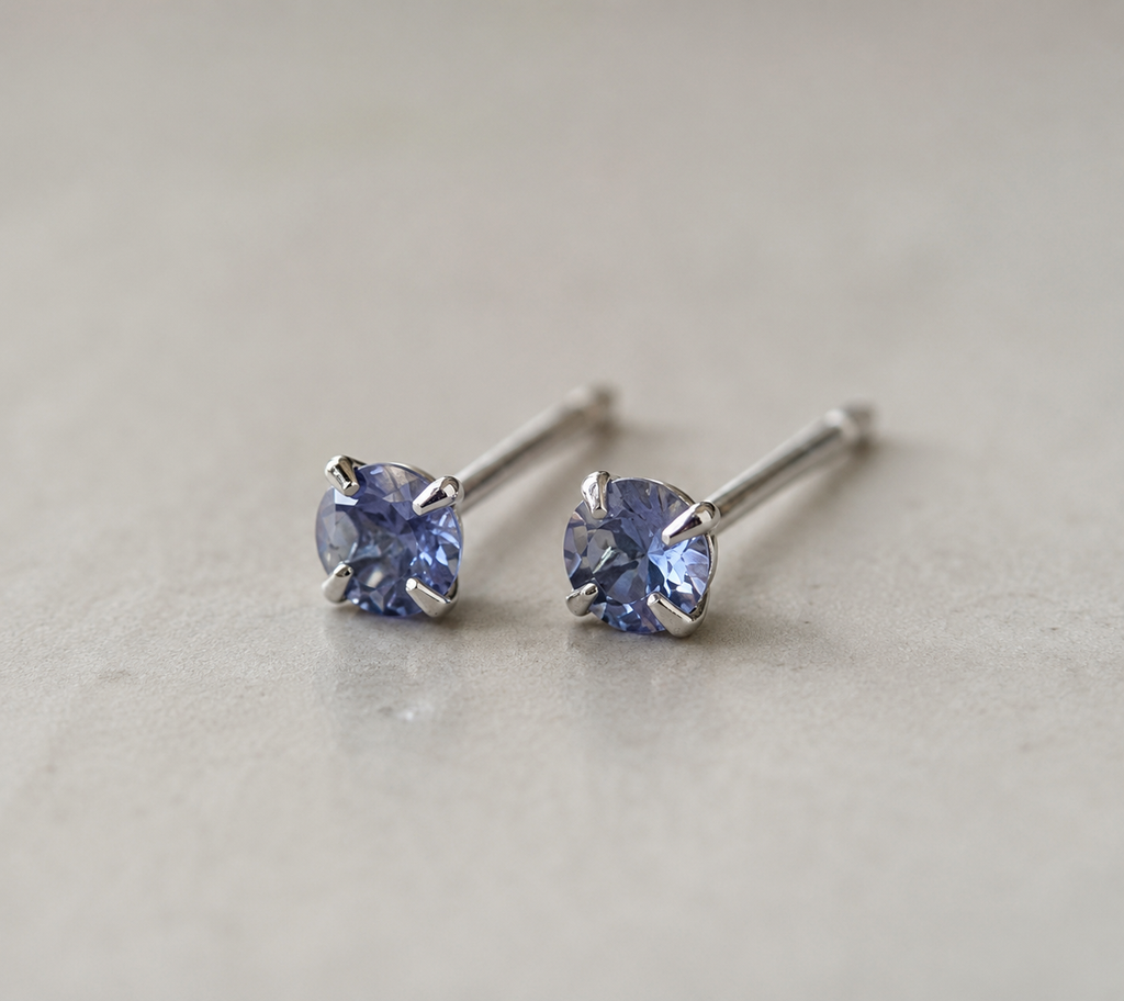 Natural tanzanite stud earrings, gold vermeil / platinum plated 925 sterling silver, 3mm