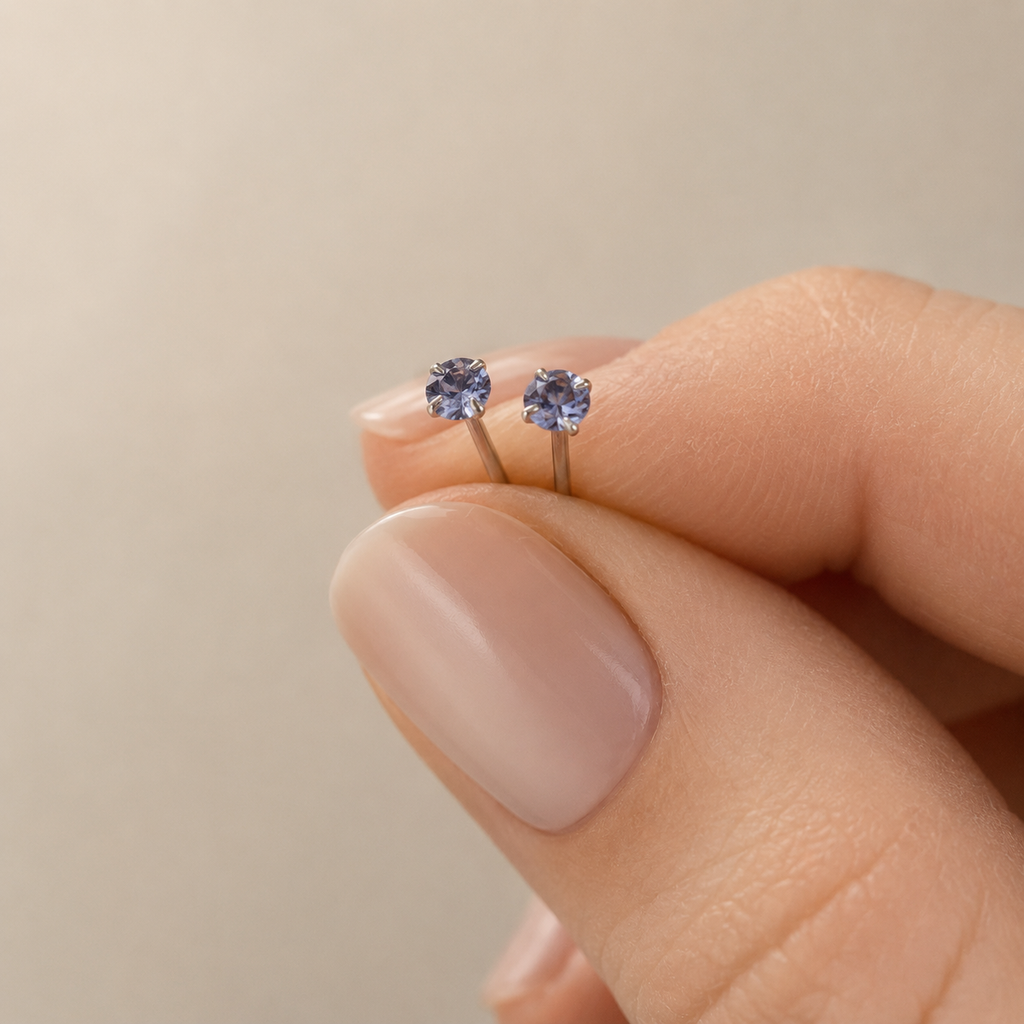 Natural tanzanite stud earrings, gold vermeil / platinum plated 925 sterling silver, 3mm