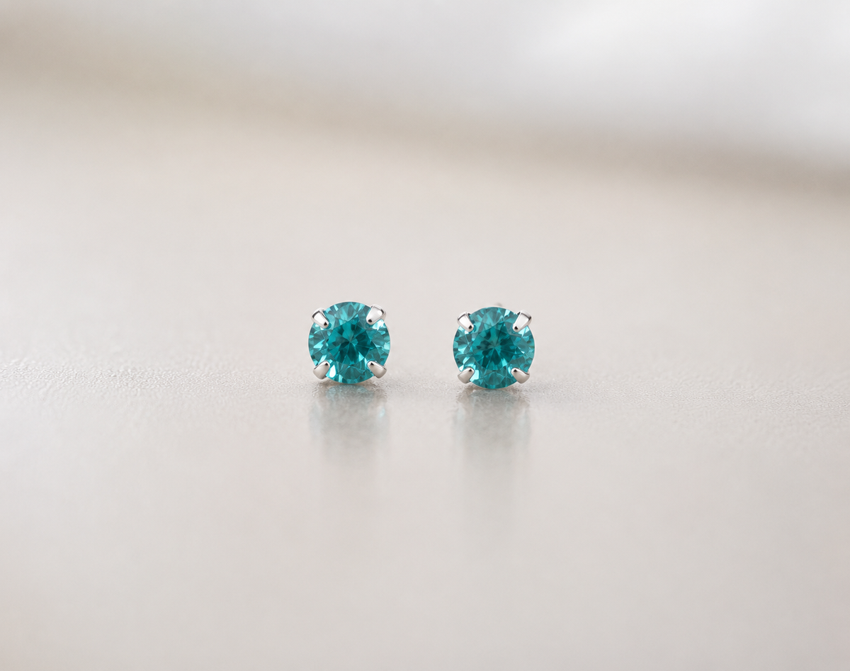 Paraiba blue apatite and platinum plated 925 sterling silver stud earrings, 4mm