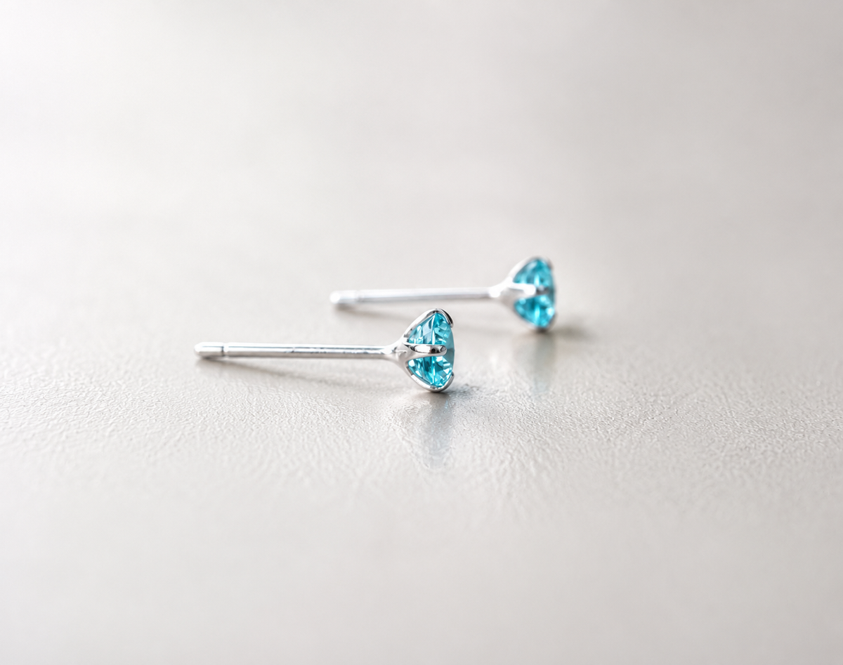 Paraiba blue apatite and platinum plated 925 sterling silver stud earrings, 4mm