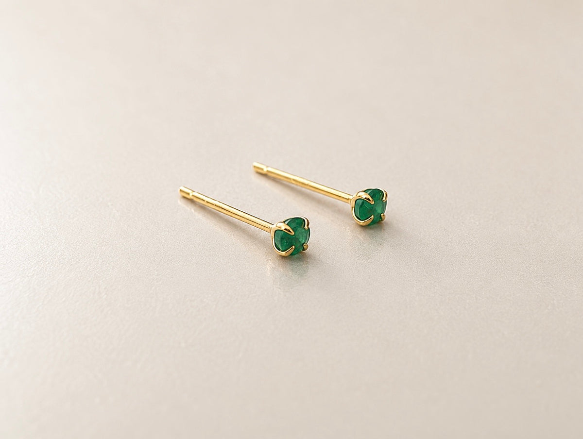 Zambian emerald and gold vermeil stud earrings, 3mm