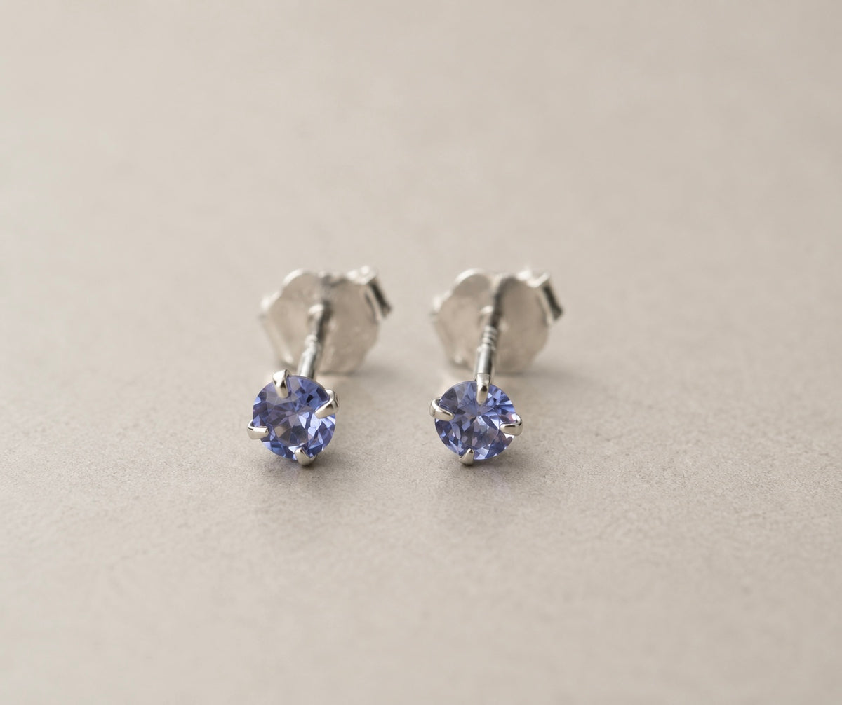 Natural tanzanite stud earrings, gold vermeil / platinum plated 925 sterling silver, 3mm