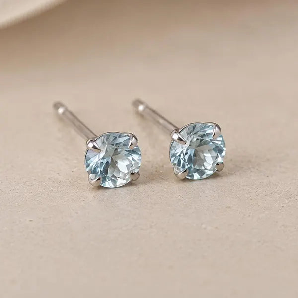 Natural Aquamarine and Platinum Plated 925 Sterling Silver Natural Aquamarine Studs,  4mm