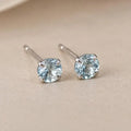 Natural Aquamarine and Platinum Plated 925 Sterling Silver Natural Aquamarine Studs,  4mm