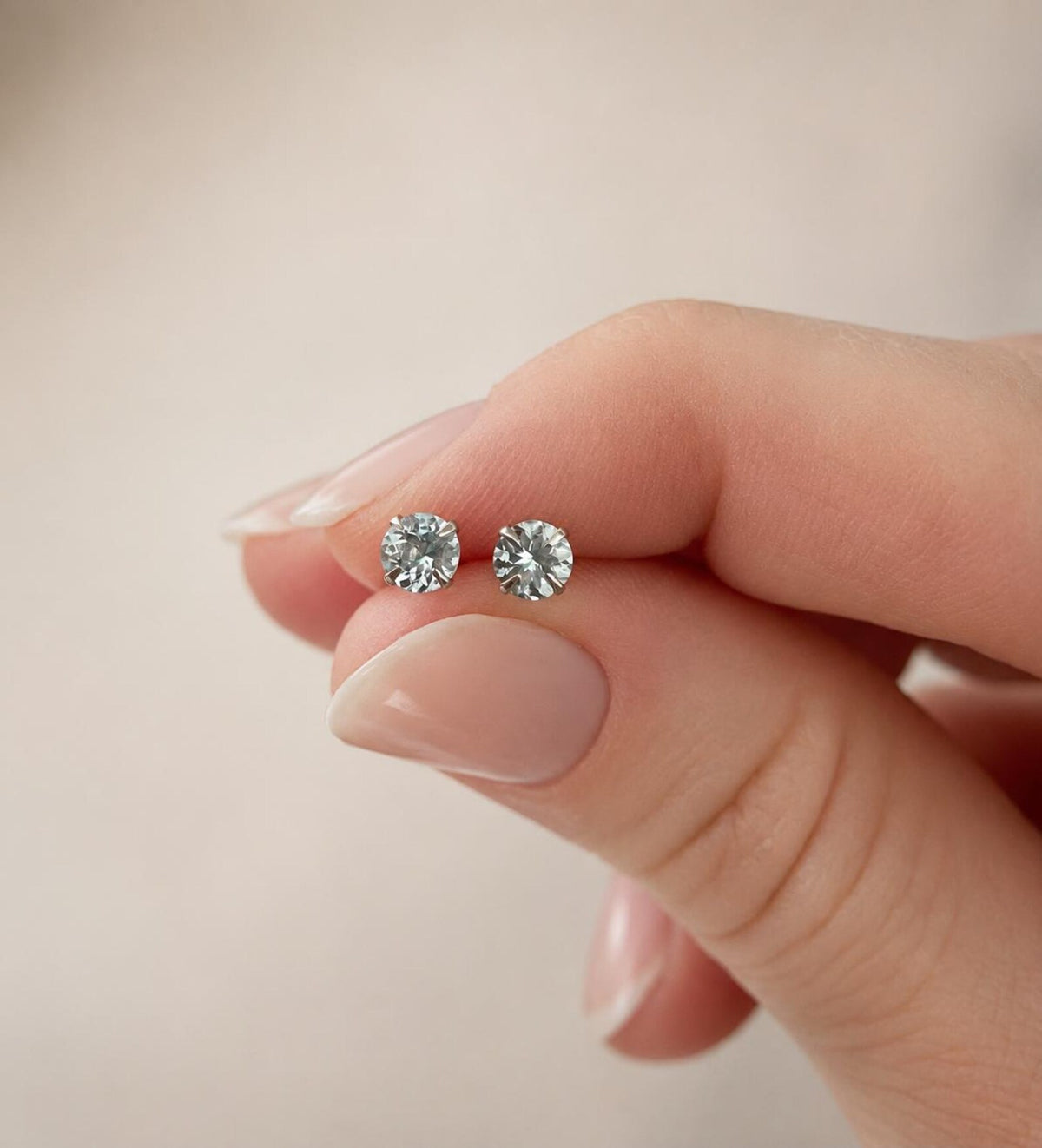 Natural Aquamarine and Platinum Plated 925 Sterling Silver Natural Aquamarine Studs,  4mm