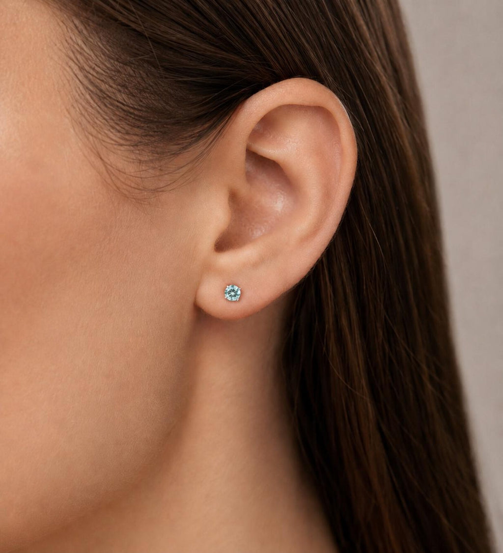 Natural Aquamarine and Platinum Plated 925 Sterling Silver Natural Aquamarine Studs,  4mm